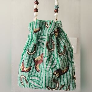 Beaded Green Drawstring Western Cowgirl Boots Cactus Women’s Bag, Viral